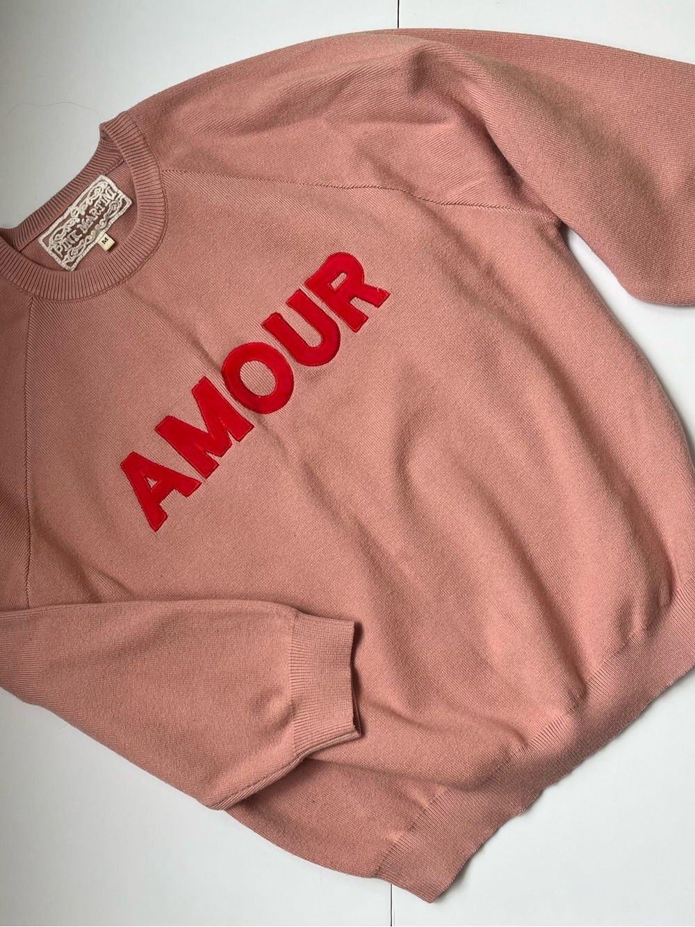 Women’s Dusty Pink Sweater with Red Velour Like ‘AMOUR' Text Viscose